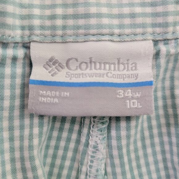 Columbia Check Shorts Mens 34W 10L Flat Front Chino Pockets Golf Green White - Picture 2 of 7